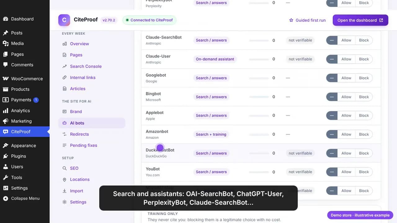 Die Bot-Tabelle des Plugins, Gruppe der Bots, die Zitierungen bringen: Claude-SearchBot, Claude-User, Googlebot, Bingbot, Applebot, Amazonbot, DuckAssistBot, YouBot