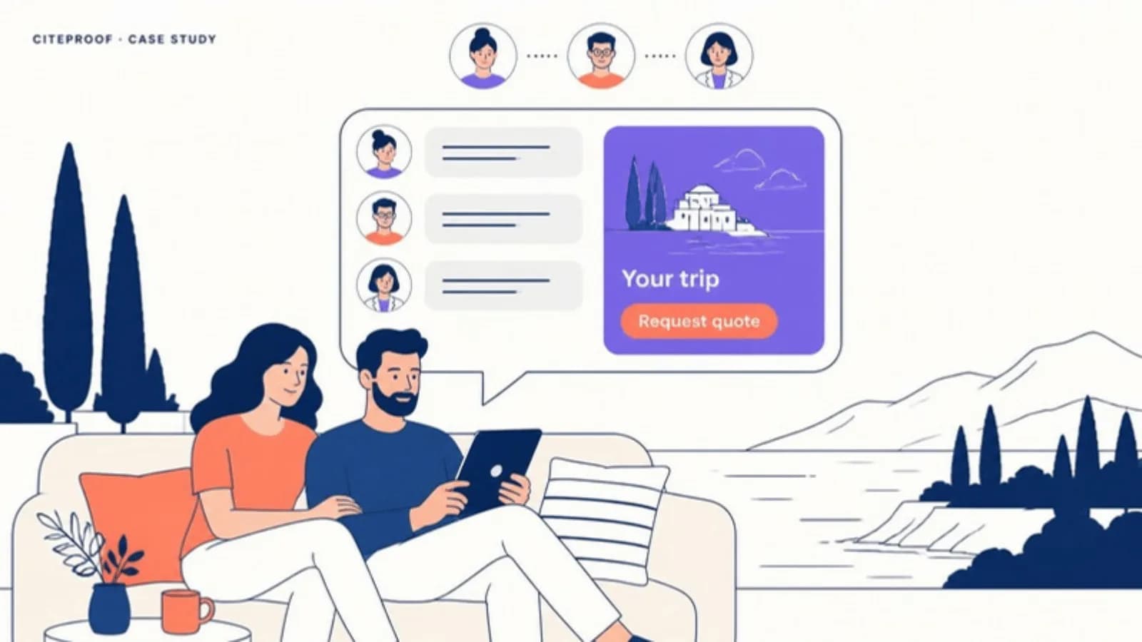 Ein Paar erhält von einem KI-Assistenten die Empfehlung eines Reiseveranstalters und klickt, um ein Angebot anzufragen