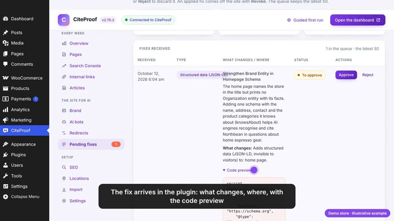 Pending fixes im Plugin am Demo-Shop: was sich ändert, wo, die Code-Vorschau, Approve und Reject