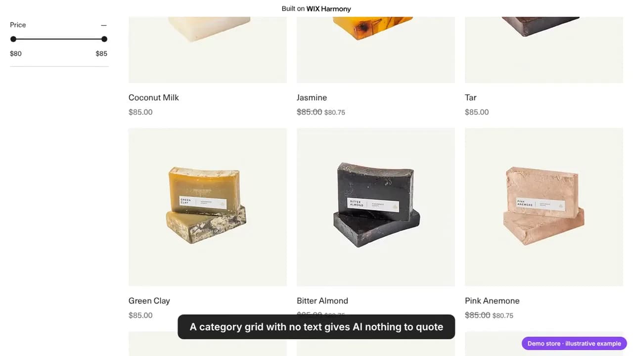 Eine Kategorieseite von Wix Stores im Demo-Shop: ein Raster mit Seifen, Namen und Preisen, ohne Text, der bei der Auswahl hilft