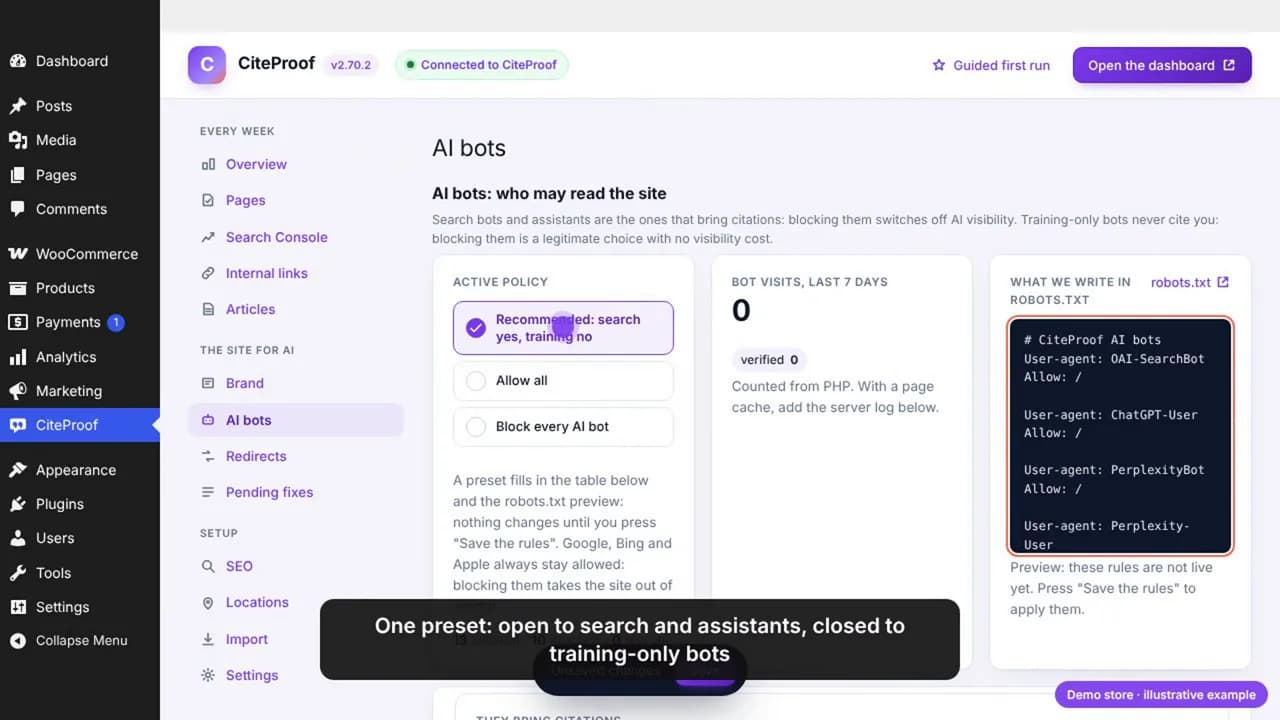 Der Bildschirm AI bots: die Voreinstellung Recommended (Suche ja, Training nein) ausgewählt, Bot-Besuche der letzten 7 Tage und die Vorschau der robots.txt mit Allow für OAI-SearchBot, ChatGPT-User und PerplexityBot, erst nach dem Speichern live