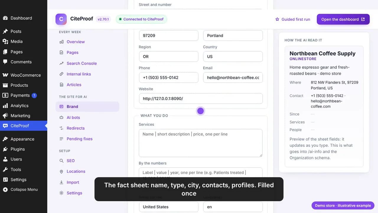 Der Bildschirm Brand im Plugin: das Faktenblatt mit Adresse, Telefon, E-Mail und Website und wie die KI es gelesen hat, Northbean Coffee Supply als OnlineStore in Portland