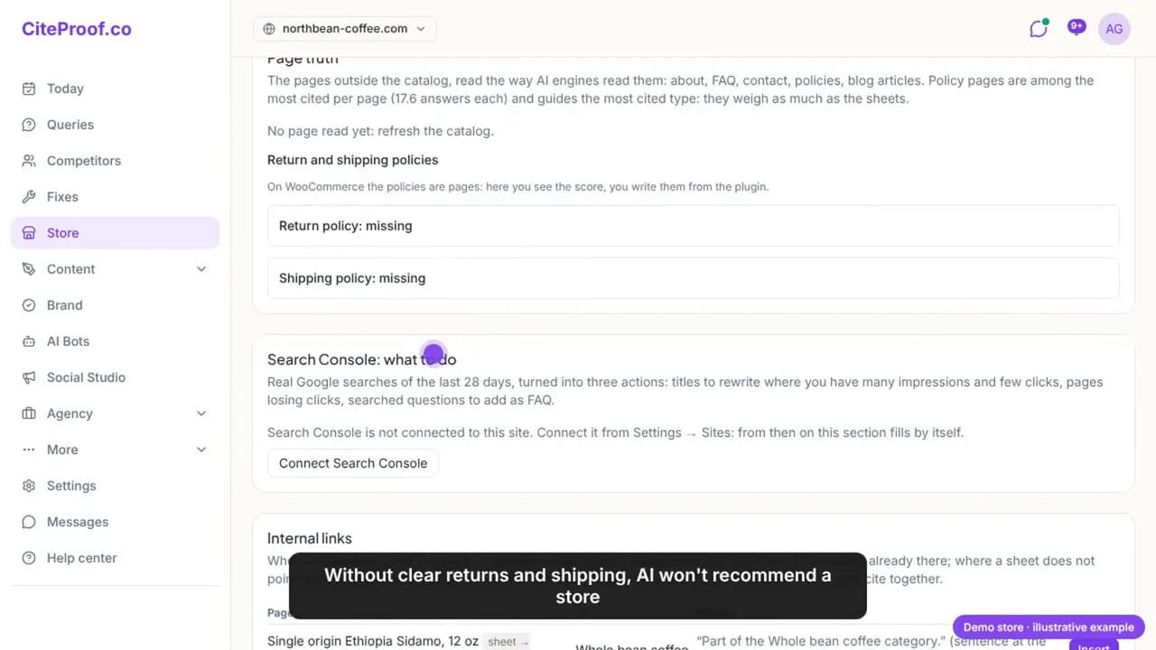 Seiten-Wahrheit auf WooCommerce: Rückgaberichtlinie fehlt, Versandrichtlinie fehlt; auf WooCommerce sind die Richtlinien Seiten