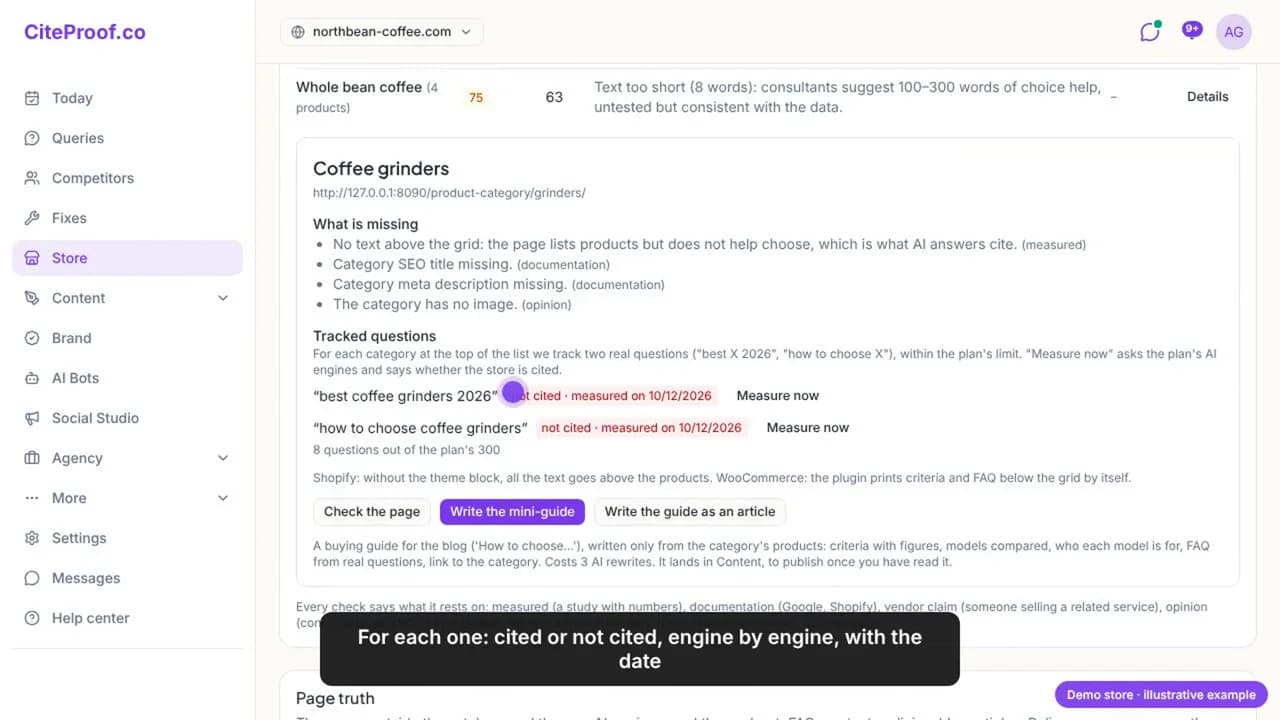 Verfolgte Fragen für die Kategorie Coffee grinders: beide nicht zitiert, gemessen am 12.10.2026, jeweils mit der Schaltfläche Measure now
