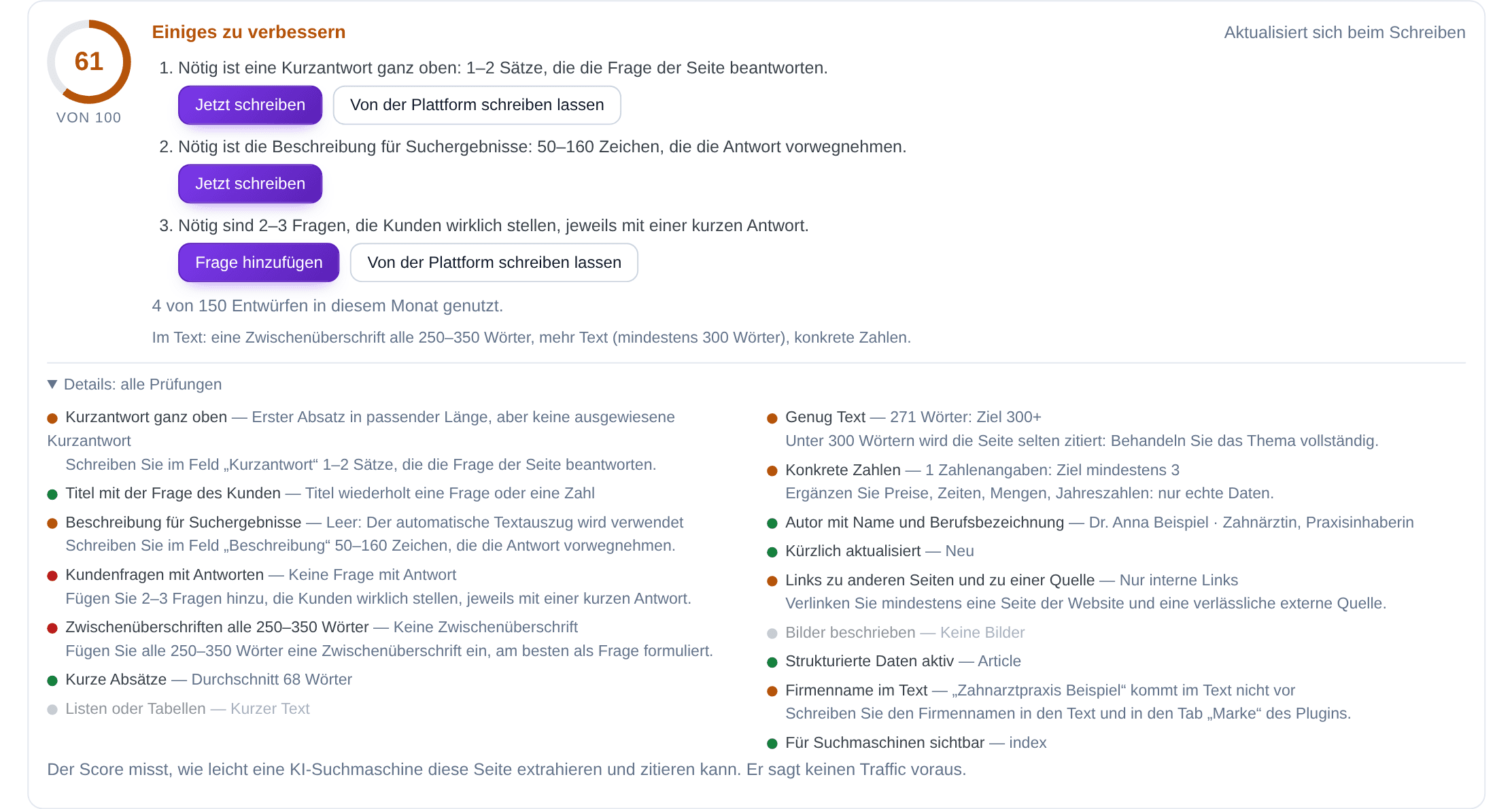 Das Panel Details mit den sechzehn Prüfungen und ihrem Ergebnis