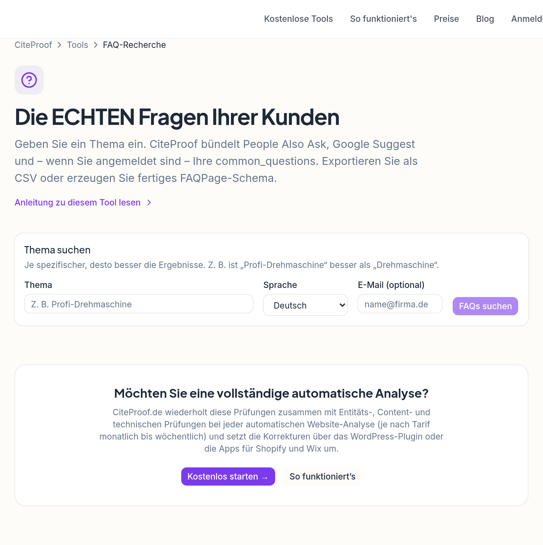 Das Tool FAQ-Recherche