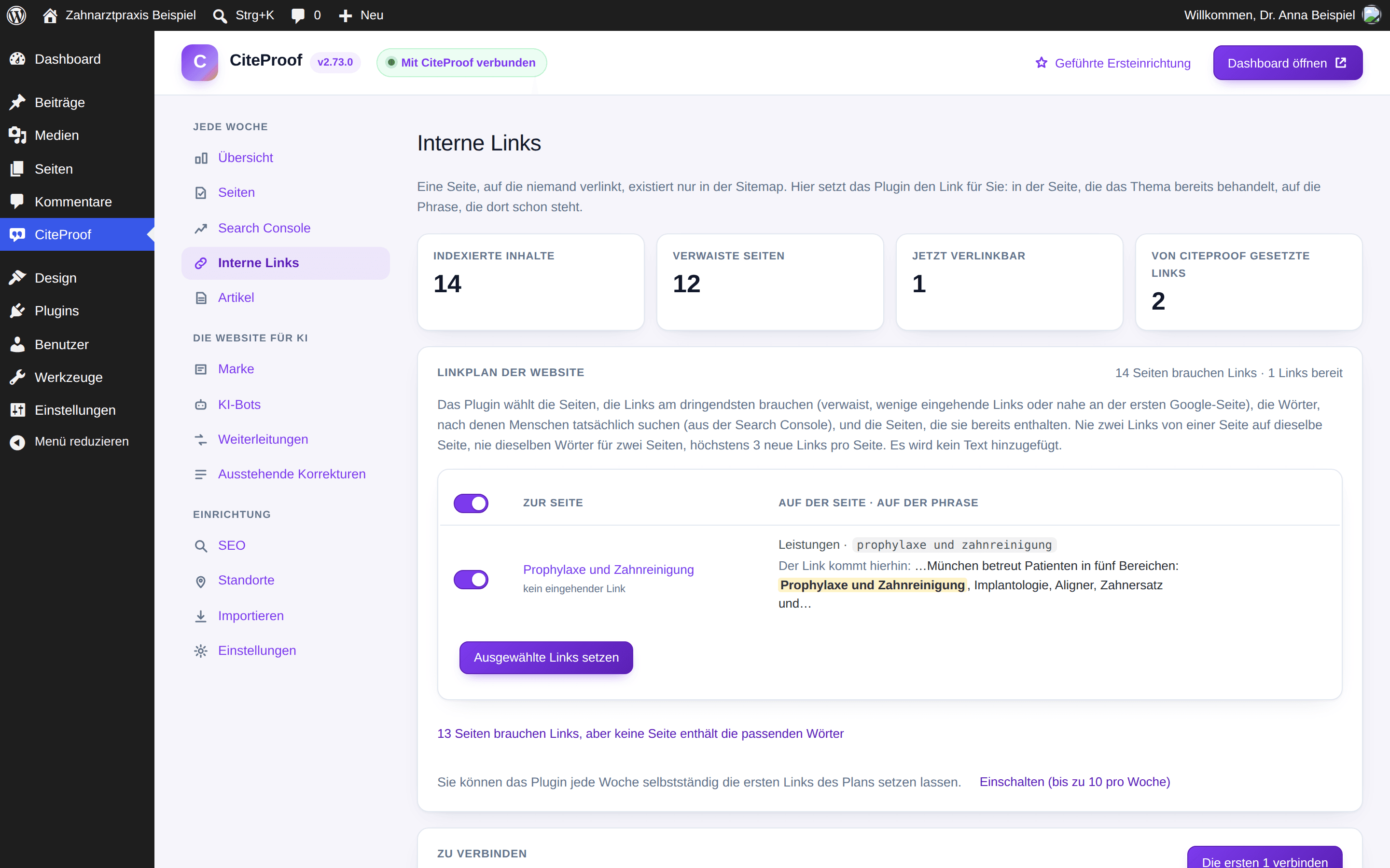 Der Tab Interne Links im Plugin: verwaiste Seiten zum Verbinden und das Protokoll der eingefügten Links