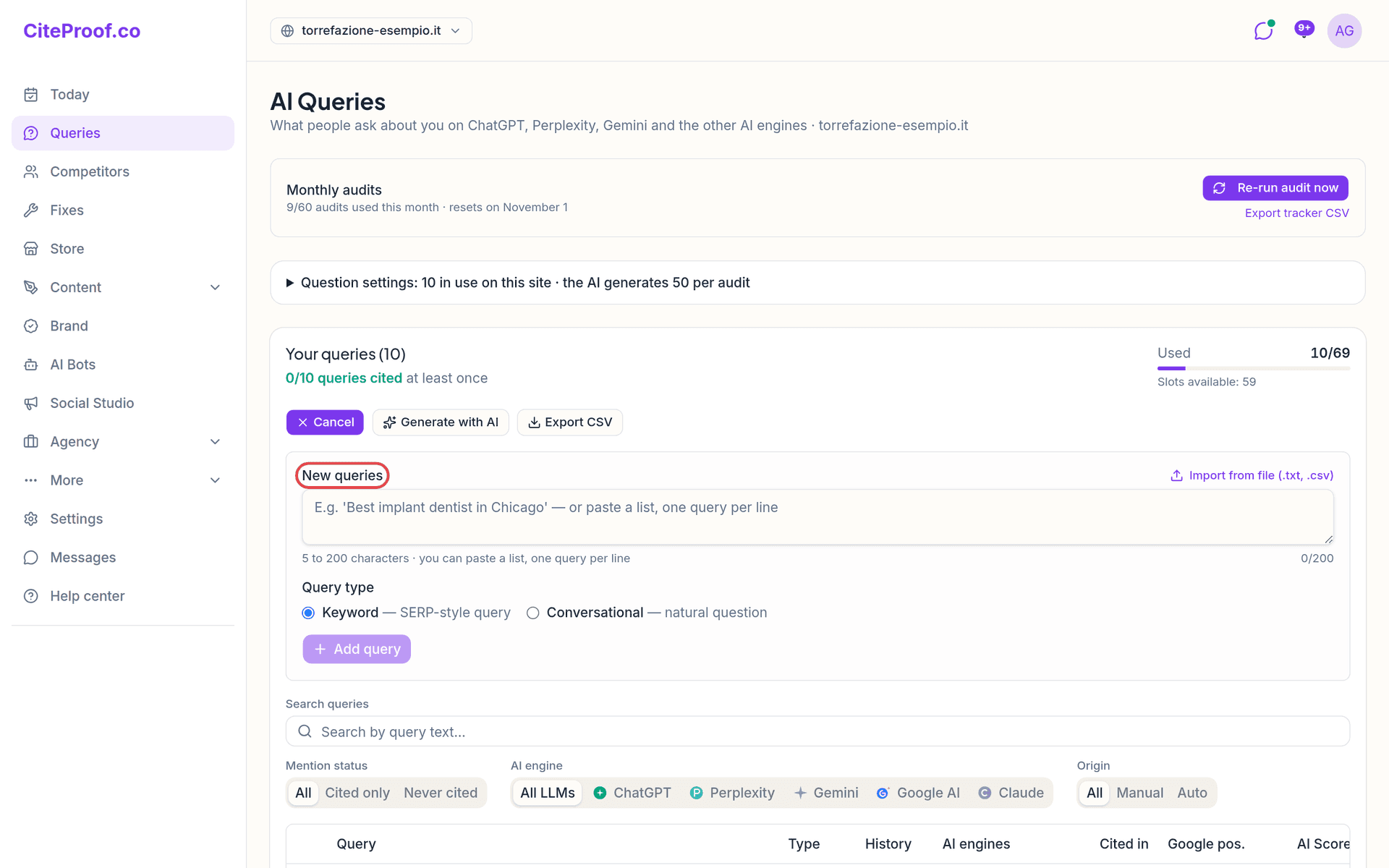 Das Formular Neue Fragen auf der Seite Fragen