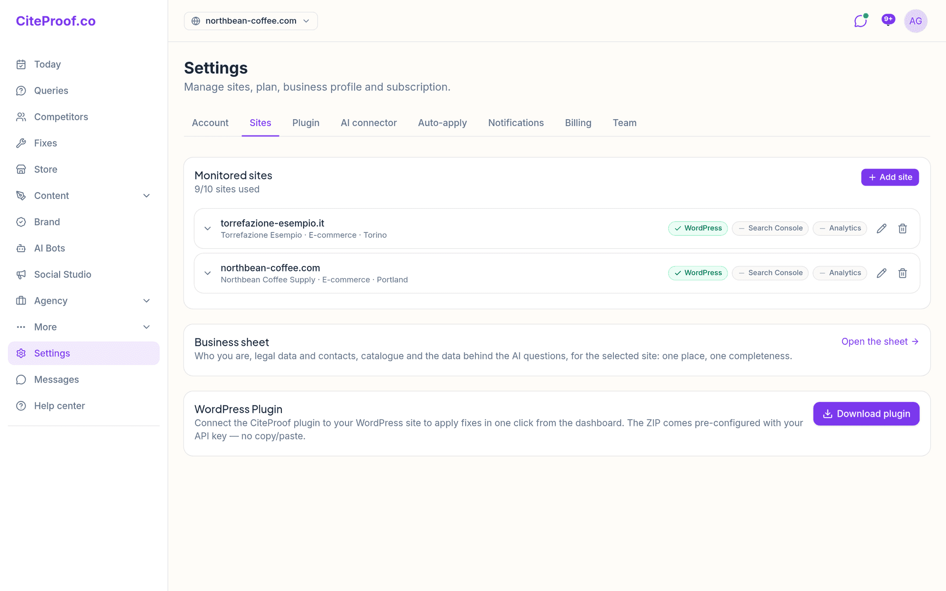 Einstellungen → Websites: Jede Website zeigt ihre Chips für WordPress, Search Console und Analytics