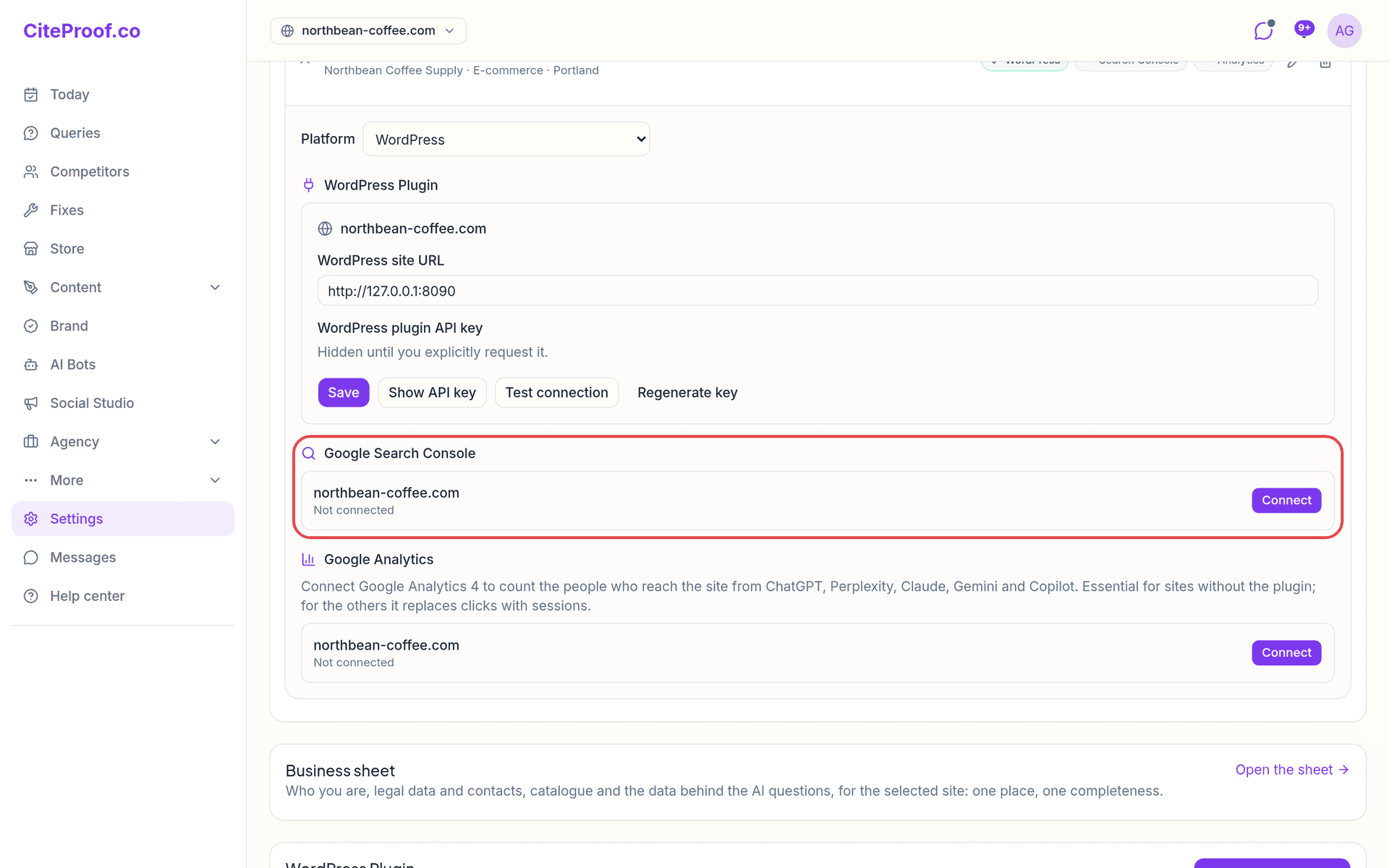 Die geöffnete Zeile der Website mit dem Bereich Google Search Console und der Schaltfläche Verbinden