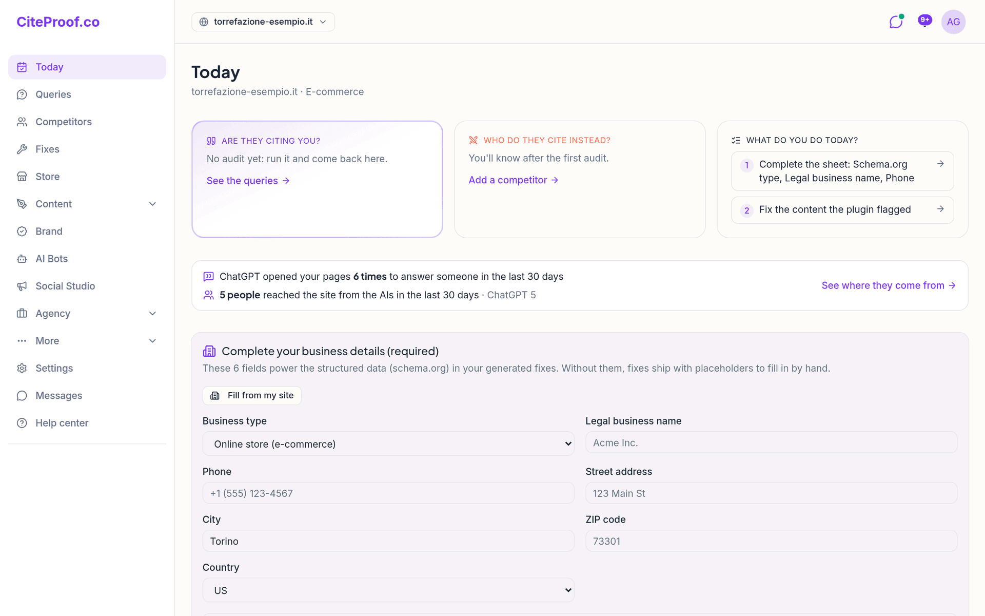 CiteProof-Seite Today für einen Beispiel-Shop: Karten für Are they citing you (Zitieren sie Sie?), Who do they cite instead (Wen zitieren sie stattdessen?) und What do you do today (Was tun Sie heute?), dazu ein Streifen mit dem Hinweis, dass ChatGPT die Seiten in den letzten 30 Tagen 6-mal aufgerufen hat und 5 Personen über die KIs auf die Website gekommen sind