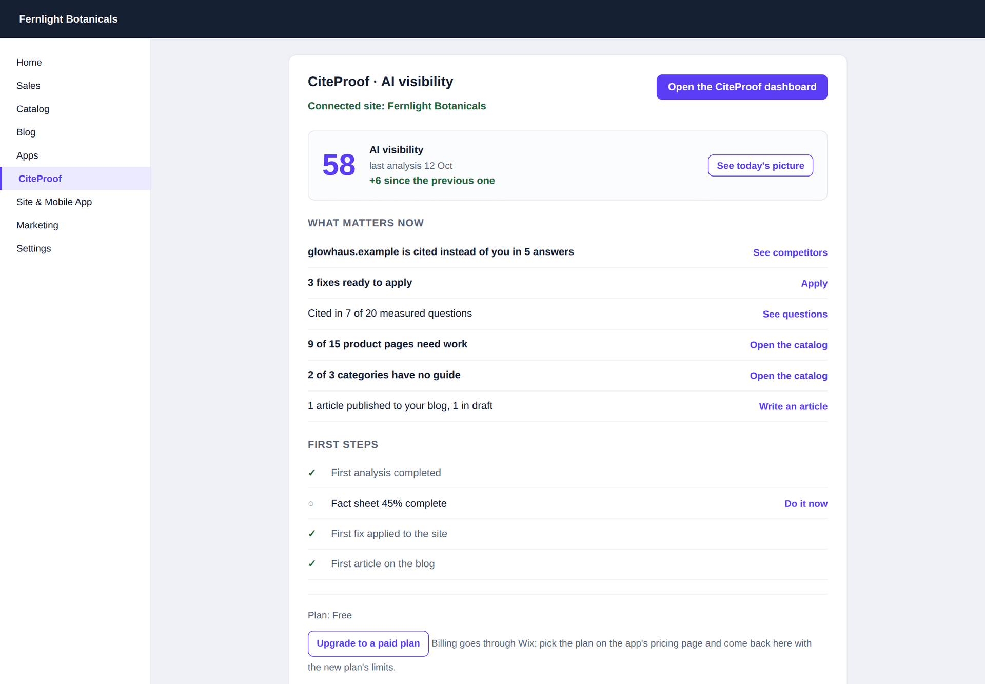 Die CiteProof-Seite im Wix-Dashboard